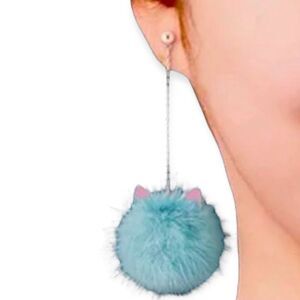 Teal Mink Fur Pom Pom Cat Ears Gold Dangle Earrings -NEW